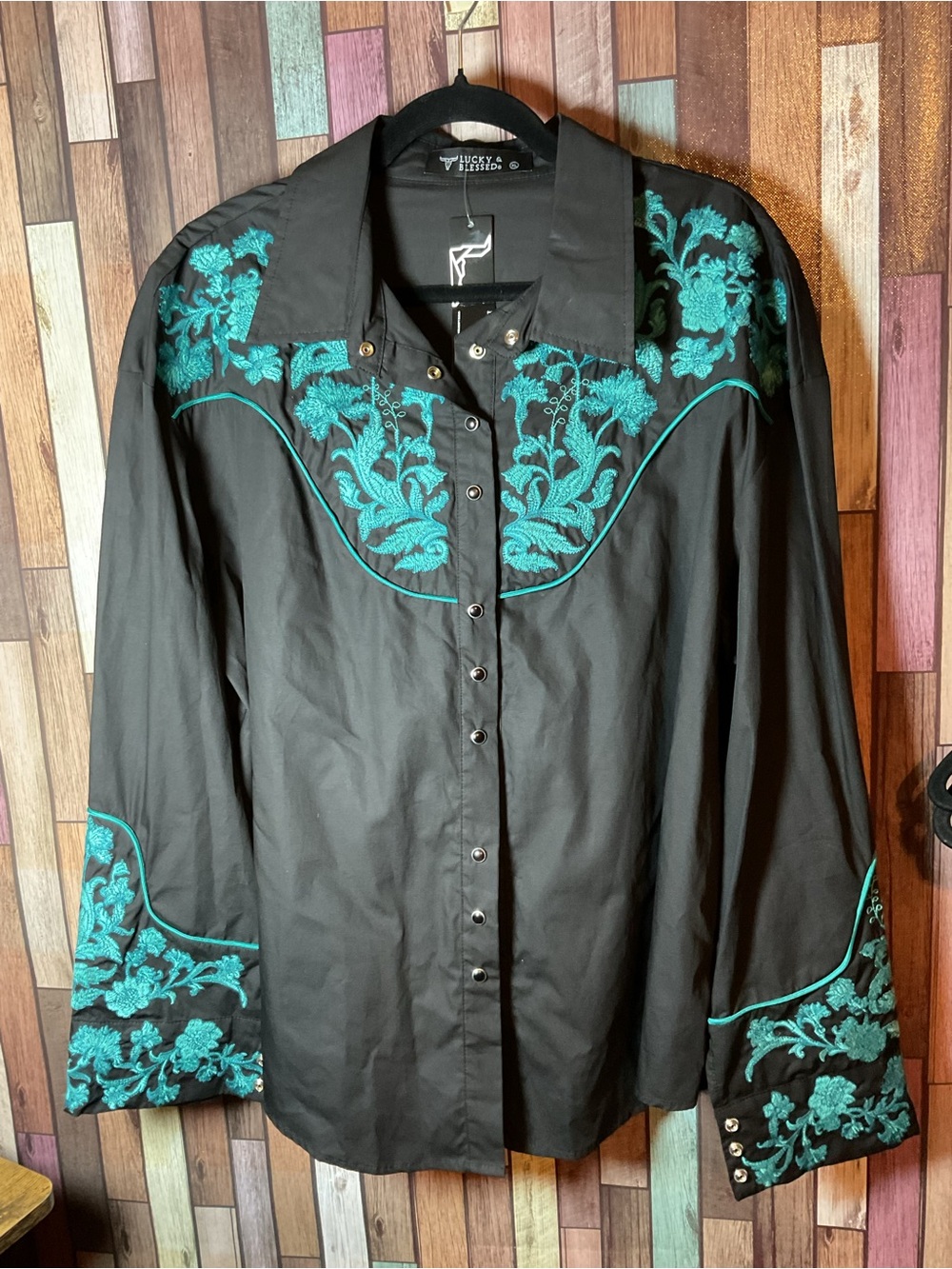 Lucky & Blesssed Black Pearl Snap Western Shirt Turquoise Embroidery XXL NWT